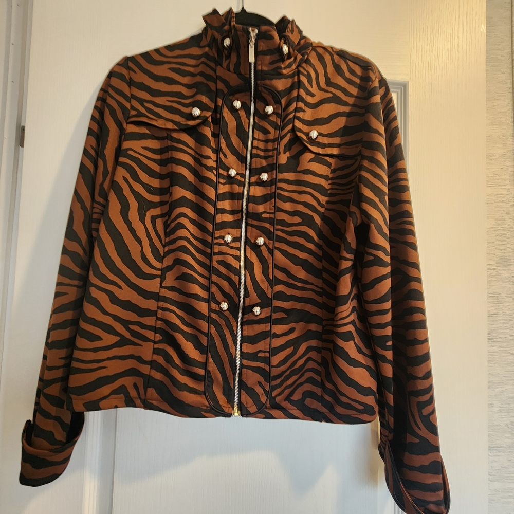Lisa International Womens Brown and Black Tiger-Stripe Zip Jacket L Euc
